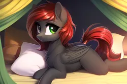 Size: 3072x2048 | Tagged: safe, derpibooru import, machine learning generated, novelai, stable diffusion, oc, oc:relevé fluer, unofficial characters only, pegasus, pony, ai content, blanket, cute, female, image, lying down, pegasus oc, pegasus wings, pillow, pillow fort, png, prompter:flitter4935, smiling, solo, wings