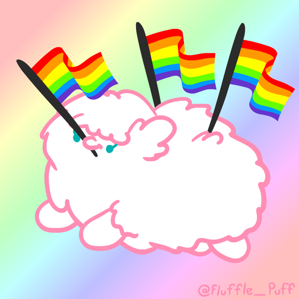 Size: 800x800 | Tagged: safe, artist:mixermike622, derpibooru import, oc, oc:fluffle puff, earth pony, original species, pony, cute, female, flufflebetes, image, mare, mouth hold, ocbetes, png, pride flag, rainbow background, signature, solo