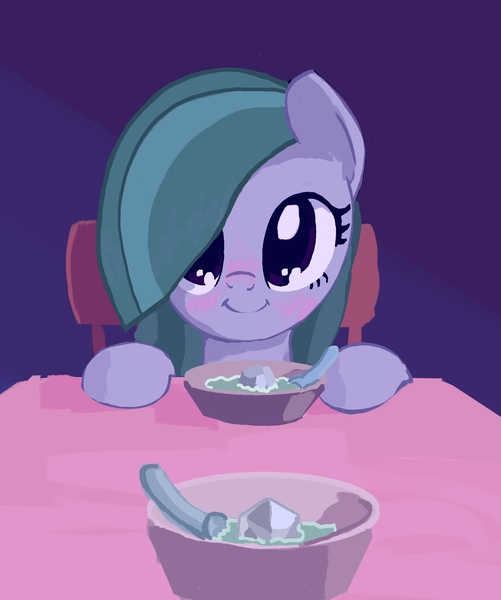 Size: 1568x1876 | Tagged: safe, artist:mandumustbasukanemen, derpibooru import, marble pie, earth pony, pony, blushing, bowl, chair, cute, female, food, image, jpeg, looking at you, marblebetes, mare, offscreen character, pov, rock soup, smiling, smiling at you, solo, soup