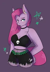 Size: 1423x2048 | Tagged: safe, artist:mscolorsplash, derpibooru import, pinkie pie, anthro, earth pony, belly button, breasts, busty pinkie pie, choker, cleavage, fishnets, goth, image, jpeg, midriff, pinkamena diane pie, purple background, simple background, solo, torn skirt