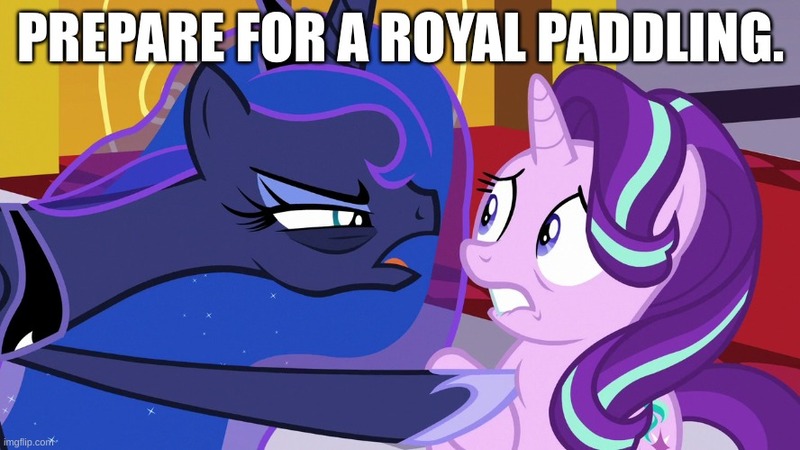 Size: 888x499 | Tagged: safe, derpibooru import, edit, edited screencap, screencap, princess luna, starlight glimmer, a royal problem, image, imminent spanking, jpeg