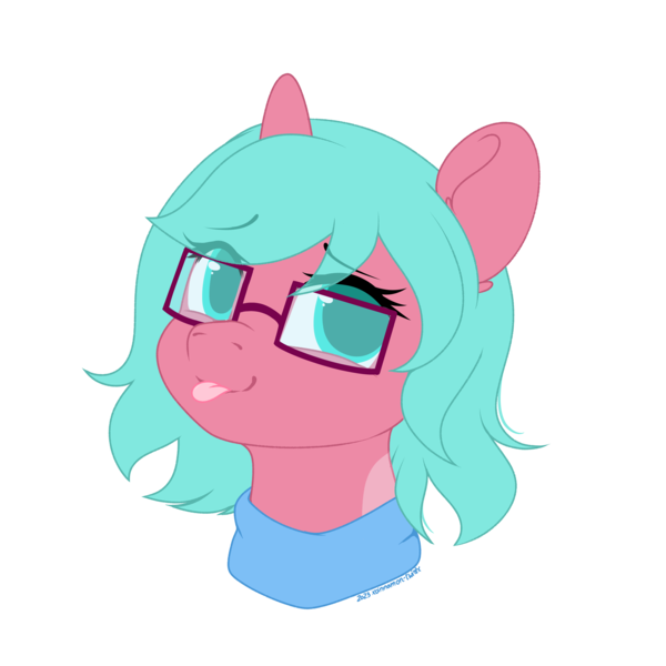 Size: 3000x3000 | Tagged: safe, artist:xcinnamon-twistx, derpibooru import, oc, oc:nano(nanopone), :p, bust, clothes, commission, eye clipping through hair, female, glasses, image, looking at you, png, scarf, sketch, solo, tongue out