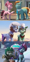 Size: 1261x2604 | Tagged: safe, derpibooru import, edit, edited screencap, screencap, onyx, earth pony, pegasus, pony, unicorn, g5, my little pony: a new generation, my little pony: make your mark, spoiler:g5, spoiler:my little pony: a new generation, spoiler:my little pony: make your mark, spoiler:my little pony: make your mark chapter 4, spoiler:mymc04e04, spoiler:winter wishday, beret, bongos, clothes, cropped, cute, dapple, duo, female, guardsmare, hat, image, male, mare, my little pony: make your mark chapter 3, my little pony: make your mark chapter 4, open mouth, open smile, pegasus royal guard, phone, png, royal guard, scarf, smiling, snow, snowfall, stallion, sunny side up, sweets (g5), thunder flap, thundorable, toots, unamused, winter wishday, zoom zephyrwing, zoom zephyrwing is not amused