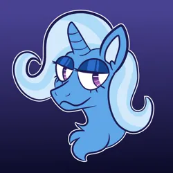 Size: 640x640 | Tagged: safe, artist:peribot, derpibooru import, trixie, pony, unicorn, :3, blue background, bust, chest fluff, female, image, jpeg, lidded eyes, looking at you, mare, portrait, simple background, smiling