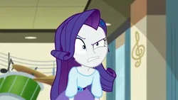 Size: 3072x1727 | Tagged: safe, derpibooru import, screencap, rarity, human, dance magic, equestria girls, spoiler:eqg specials, angry, canterlot high, eyebrows, faic, female, hairpin, image, jpeg, raised eyebrow, rarity is not amused, solo, unamused