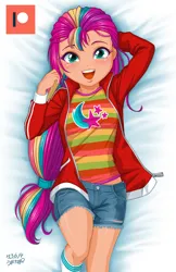 Size: 646x1000 | Tagged: safe, artist:uotapo, derpibooru import, sunny starscout, human, equestria girls, g5, blushing, clothes, cutie mark, cutie mark on clothes, equestria girls (g5), equestria girls-ified, female, g5 to equestria girls, generation leap, image, jacket, jpeg, looking at you, lying down, midriff, on back, open mouth, shirt, shorts, socks, solo