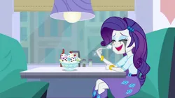 Size: 3072x1727 | Tagged: safe, derpibooru import, screencap, rarity, human, dance magic, equestria girls, spoiler:eqg specials, banana split, boots, bracelet, clothes, cutie mark, cutie mark on clothes, eyes closed, female, food, hairpin, high heel boots, ice cream, image, jewelry, jpeg, makeup, marshmelodrama, open mouth, open smile, rarity being rarity, running makeup, shoes, smiling, solo, spoon