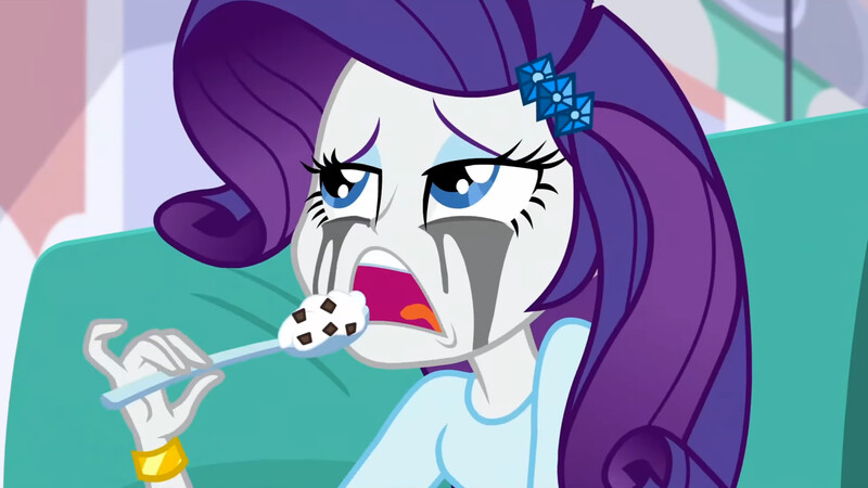 Size: 3072x1727 | Tagged: safe, derpibooru import, screencap, rarity, human, dance magic, equestria girls, spoiler:eqg specials, bracelet, female, food, hairpin, ice cream, image, jewelry, jpeg, makeup, marshmelodrama, open mouth, rarity being rarity, running makeup, solo, spoon