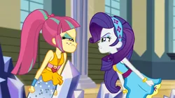 Size: 3072x1727 | Tagged: safe, derpibooru import, screencap, rarity, sour sweet, human, dance magic, equestria girls, spoiler:eqg specials, bracelet, canterlot high, duo, duo female, female, frown, image, jewelry, jpeg, ponytail