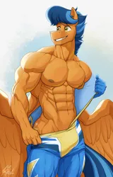 Size: 1400x2191 | Tagged: suggestive, artist:ponyanony, derpibooru import, oc, oc:lightning rider, anthro, pegasus, pony, abs, anthro oc, clothes, costume, deltoids, image, male, muscles, muscular male, pecs, pegasus oc, png, smiling, solo, solo male, spread wings, stallion, triceps, undressing, uniform, unzipped, wings, wonderbolts, wonderbolts uniform