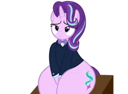 Size: 584x429 | Tagged: suggestive, artist:duskyzombie, derpibooru import, starlight glimmer, pony, unicorn, bedroom eyes, butt, clothes, collar, female, glimmer glutes, image, lidded eyes, mare, pear shaped, png, simple background, sitting, smiling, solo, suit, thick, thighs, thunder thighs, transparent background, vector, wide hips