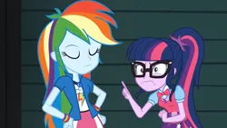 Size: 3072x1727 | Tagged: safe, derpibooru import, screencap, rainbow dash, sci-twi, twilight sparkle, human, equestria girls, movie magic, spoiler:eqg specials, clothes, cutie mark, cutie mark on clothes, duo, duo female, eyes closed, female, geode of super speed, geode of telekinesis, glasses, image, jewelry, jpeg, magical geodes, necklace, ponytail, smiling