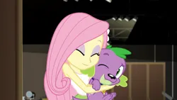 Size: 3072x1727 | Tagged: safe, derpibooru import, screencap, fluttershy, spike, spike the regular dog, dog, human, equestria girls, movie magic, spoiler:eqg specials, clothes, cute, duo, duo male and female, eyebrows, eyes closed, female, hairpin, hug, image, jpeg, male, one eye closed, raised eyebrow, shyabetes, smiling, spikabetes, tanktop, wink