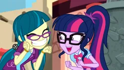 Size: 3072x1727 | Tagged: safe, derpibooru import, screencap, juniper montage, sci-twi, twilight sparkle, human, equestria girls, movie magic, spoiler:eqg specials, big grin, big smile, cute, duo, duo female, eyes closed, female, geode of telekinesis, glasses, grin, image, jewelry, jpeg, junibetes, magical geodes, necklace, open mouth, open smile, ponytail, smiling, twiabetes