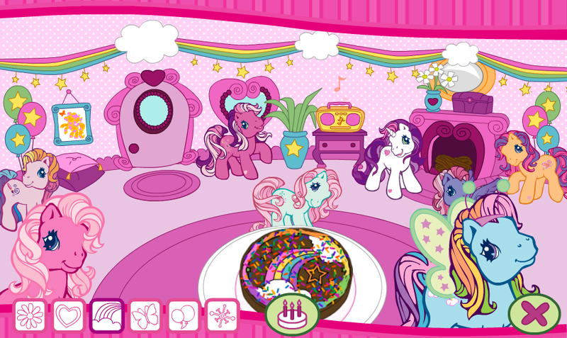 Size: 900x537 | Tagged: safe, derpibooru import, cheerilee (g3), minty, pinkie pie (g3), rainbow dash (g3), scootaloo (g3), starsong, sweetie belle (g3), toola roola, earth pony, pegasus, pony, unicorn, g3, balloon, birthday, birthday cake, birthday party, butterfly costume, butterfly wings, cake, core seven, decoration, fireplace, food, image, looking at you, music notes, party, png, radio, smiling, smiling at you, toola-roola, wings