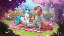 Size: 3600x2025 | Tagged: safe, artist:shoggoth-tan, derpibooru import, oc, oc:ericken, oc:time slowly, unofficial characters only, alicorn, unicorn, basket, bread, cherry blossoms, chest fluff, flower, flower blossom, food, image, leaves, looking at each other, looking at someone, mountain, picnic, picnic blanket, png, sandwich, tree