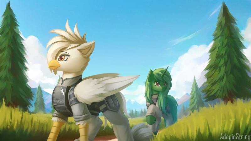 Size: 1920x1080 | Tagged: safe, artist:adagiostring, derpibooru import, oc, unofficial characters only, alicorn, gryphon, alicorn oc, armor, armored pony, blue sky, clothes, cloud, commission, couple, eared griffon, female, field, griffon oc, horn, image, lesbian, lesbian couple, mountain, pine tree, png, scenery, sky, standing, tree, walking, wings