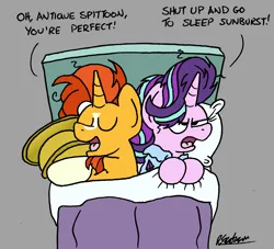 Size: 1620x1472 | Tagged: safe, artist:bobthedalek, derpibooru import, starlight glimmer, sunburst, pony, unicorn, bed, bed mane, blaze (coat marking), clothes, coat markings, duo, duo male and female, facial hair, facial markings, female, furniture, goatee, image, kite, male, mare, messy mane, newbie artist training grounds, pajamas, png, shipping, socks (coat marking), stallion, starburst, starlight glimmer is not amused, straight, that pony sure does love antiques, that pony sure does love kites, this will end in pain, unamused
