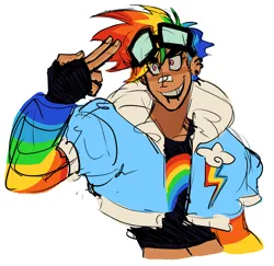 Size: 2048x1991 | Tagged: safe, artist:queam, artist:queam3, derpibooru import, rainbow dash, human, equestria girls, bust, clothes, dark skin, fingerless gloves, gloves, goggles, goggles on head, humanized, image, jacket, jpeg, multicolored hair, open mouth, open smile, rainbow hair, redesign, simple background, smiling, solo, tomboy, white background