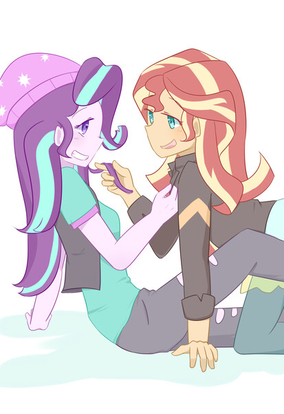 Size: 2370x3444 | Tagged: safe, artist:qizhi_nobori, derpibooru import, starlight glimmer, sunset shimmer, human, equestria girls, clothes, duo, female, image, jpeg, lesbian, shimmerglimmer, shipping, simple background, smiling