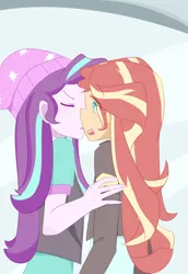 Size: 2370x3444 | Tagged: safe, artist:qizhi_nobori, derpibooru import, starlight glimmer, sunset shimmer, human, equestria girls, blushing, clothes, duo, eyes closed, female, image, jpeg, kissing, lesbian, shimmerglimmer, shipping, simple background, smiling
