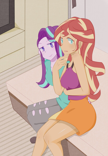 Size: 2370x3444 | Tagged: safe, artist:qizhi_nobori, derpibooru import, starlight glimmer, sunset shimmer, human, equestria girls, clothes, female, image, jpeg, lesbian, shimmerglimmer, shipping, sitting, skirt, smiling, smirk