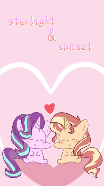 Size: 690x1227 | Tagged: safe, artist:qizhi_nobori, derpibooru import, starlight glimmer, sunset shimmer, human, equestria girls, chibi, clothes, cute, duo, eyes closed, female, heart, image, jpeg, lesbian, shimmerglimmer, shipping, simple background, sitting, text