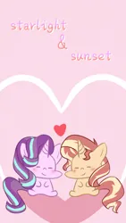 Size: 690x1227 | Tagged: safe, artist:qizhi_nobori, derpibooru import, starlight glimmer, sunset shimmer, human, equestria girls, chibi, clothes, cute, duo, eyes closed, female, heart, image, jpeg, lesbian, shimmerglimmer, shipping, simple background, sitting, text