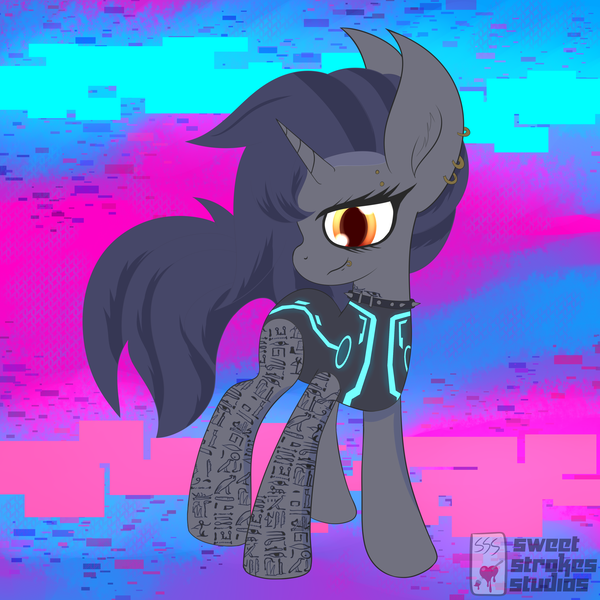 Size: 4000x4000 | Tagged: safe, artist:sweetstrokesstudios, derpibooru import, oc, oc:tansha, pony, unicorn, clothes, collar, cyberpunk, ear piercing, glitch.cyber, hieroglyphics, image, leotard, lip piercing, my little pony, piercing, png, setting: neo somnambula, solo, tattoo, variant