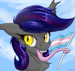 Size: 4196x4000 | Tagged: safe, artist:neoncel, derpibooru import, oc, oc:firestarter, unofficial characters only, bat pony, pony, fangs, female, flag, holding a flag, icon, image, long tongue, mare, neck fluff, open mouth, png, prehensile tongue, pride, pride flag, pride month, solo, tongue out, tongue wrap, transgender pride flag