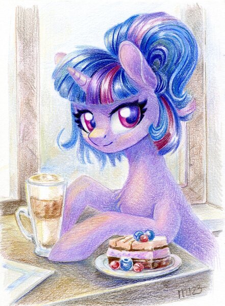 Size: 881x1200 | Tagged: safe, artist:maytee, derpibooru import, twilight sparkle, pony, unicorn, alternate hairstyle, chest fluff, coffee, colored pencil drawing, cup, food, hooves on the table, image, jpeg, solo, traditional art, unicorn twilight