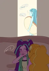 Size: 2370x3444 | Tagged: safe, artist:qizhi_nobori, artist:yuck, derpibooru import, adagio dazzle, aria blaze, sonata dusk, human, equestria girls, adaria, blushing, clothes, colored pupils, eyes closed, female, hiding, image, jpeg, lesbian, shipping, sleepwalking, text, trio