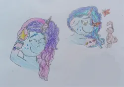 Size: 2672x1875 | Tagged: safe, artist:starrscout-23, derpibooru import, butterfly, insect, pony, rabbit, unicorn, g5, animal, bracelet, female, freckles, headphones, image, jewelry, jpeg, mare, misty brightdawn, new mane misty, traditional art