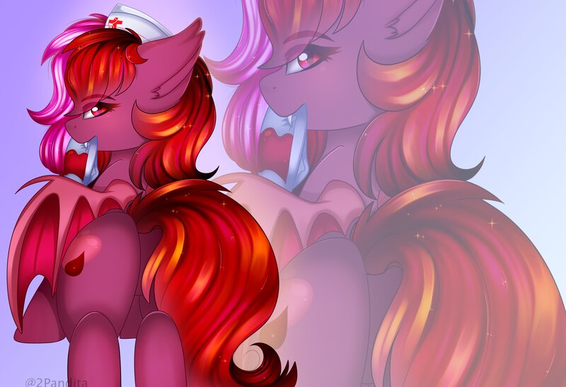 Size: 3716x2540 | Tagged: suggestive, artist:2pandita, derpibooru import, oc, unofficial characters only, bat pony, pony, bat pony oc, bat wings, butt, female, hat, image, jpeg, looking back, mare, nurse, nurse hat, solo, solo female, walking, wings