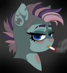 Size: 5339x5765 | Tagged: safe, artist:horsesrnaked, derpibooru import, oc, oc:krys, unofficial characters only, earth pony, pony, blue eyes, bust, cigarette, cigarette smoke, dark background, ear piercing, earring, eyebrows, female, gauges, image, jewelry, lidded eyes, looking at you, piercing, pink hair, pink mane, png, portrait, shaved mane, short hair, short mane, simple background, smoke, smoking, solo, solo female, thick eyebrows, torn ear