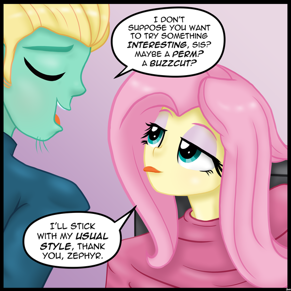 Size: 3000x3000 | Tagged: safe, artist:lennondash, derpibooru import, idw, fluttershy, zephyr breeze, equestria girls, spoiler:comic, spoiler:comic74, :p, brother and sister, dialogue, duo, duo male and female, equestria girls interpretation, eyes closed, female, gradient background, image, lidded eyes, male, open mouth, png, scene interpretation, sibling love, sibling teasing, siblings, simple background, speech bubble, tongue out