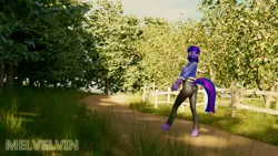 Size: 3840x2160 | Tagged: safe, artist:melvelvin, derpibooru import, part of a set, twilight sparkle, anthro, unguligrade anthro, 3d, apple, book, clothes, denim, dirt path, fence, food, hands in front of body, hooved anthro, image, jacket, jeans, orchard, pants, png, twisting, walking