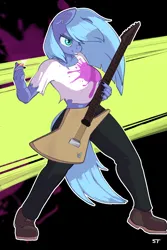 Size: 1600x2400 | Tagged: safe, artist:storyteller, derpibooru import, oc, oc:rattlehead, anthro, earth pony, abstract background, boots, clothes, ear piercing, electric guitar, female, fingernails, guitar, image, midriff, musical instrument, painted nails, pants, piercing, png, shirt, shoes, smiling, smirk, solo, solo female