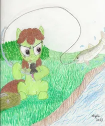 Size: 2544x3044 | Tagged: safe, artist:opti, derpibooru import, oc, oc:broadside barb, earth pony, fish, pony, atg 2023, earth pony oc, fishing, fishing rod, forest, image, jpeg, newbie artist training grounds, rainbow trout, river, solo, traditional art, tree, water