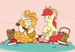 Size: 1000x696 | Tagged: safe, artist:nedemai, derpibooru import, bright mac, pear butter, earth pony, the perfect pear, animated, atg 2023, basket, cute, daaaaaaaaaaaw, gif, guitar, image, musical instrument, newbie artist training grounds, picnic, picnic basket, picnic blanket, wholesome
