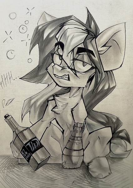 Size: 906x1280 | Tagged: safe, artist:tlen borowski, derpibooru import, oc, unofficial characters only, pony, alcohol, amputee, belly, chest fluff, chibi, drunk, image, jpeg, looking at you, monochrome, prosthetic limb, prosthetics, sitting, sketch, solo, sternocleidomastoid, traditional art, whiskey