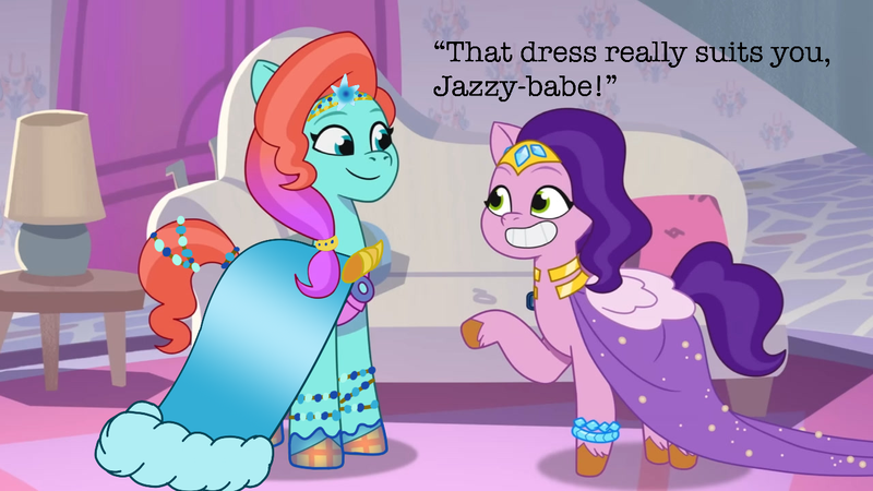 Size: 1280x720 | Tagged: safe, derpibooru import, edit, edited screencap, screencap, pipp petals, earth pony, pegasus, pony, g5, my little pony: tell your tale, boots, bracelet, clothes, compliment, couch, crown, cute, dress, dress edit, duo, duo female, female, image, jazz hooves, jewelry, looking at each other, looking at someone, png, raised hoof, regalia, shoes, smiling, text, tiara