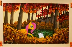 Size: 3949x2597 | Tagged: safe, artist:cahandariella, derpibooru import, angel bunny, fluttershy, pegasus, pony, rabbit, animal, autumn, duo, female, filly, filly fluttershy, forest, forest background, image, jpeg, newbie artist training grounds, painting, traditional art, tree, younger