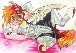 Size: 1280x900 | Tagged: suggestive, artist:tlen borowski, derpibooru import, oc, unofficial characters only, pegasus, pony, blushing, clothes, floppy ears, hoofless socks, image, jpeg, looking at you, lying down, maid, pegasus oc, pillow, raised hoof, side, socks, solo, spread wings, traditional art, wings