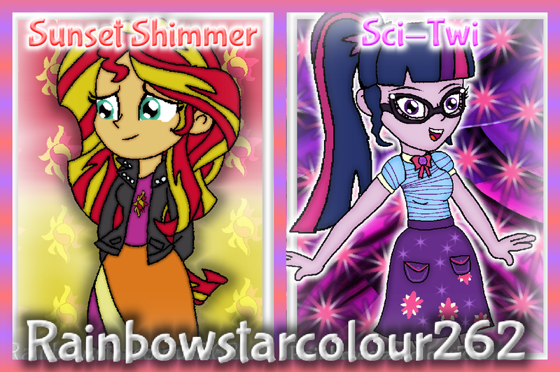 Size: 1082x720 | Tagged: safe, artist:rainbowstarcolour262, derpibooru import, sci-twi, sunset shimmer, twilight sparkle, human, series:equ wallpapers, equestria girls, equestria girls series, :d, abstract background, clothes, cute, cutie mark, cutie mark background, cutie mark on clothes, duo, female, geode of telekinesis, glasses, green eyes, hand behind back, happy, image, jacket, magical geodes, multicolored hair, open mouth, open smile, png, ponytail, shimmerbetes, shirt, signature, skirt, smiling, twiabetes