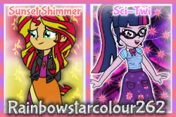 Size: 1082x720 | Tagged: safe, artist:rainbowstarcolour262, derpibooru import, sci-twi, sunset shimmer, twilight sparkle, human, series:equ wallpapers, equestria girls, equestria girls series, :d, abstract background, clothes, cute, cutie mark, cutie mark background, cutie mark on clothes, duo, female, geode of telekinesis, glasses, green eyes, hand behind back, happy, image, jacket, magical geodes, multicolored hair, open mouth, open smile, png, ponytail, shimmerbetes, shirt, signature, skirt, smiling, twiabetes