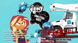 Size: 421x236 | Tagged: safe, artist:jrshinkansenhorse, derpibooru import, sunset shimmer, robot, equestria girls, equestria girls series, blooper, breaking the fourth wall, comedy, derpibooru exclusive, equestria girls 10th anniversary, equestria girls logo, fourth wall, hasbro, hasbro department of technical difficulties, image, meta, png, repairing, technical difficulties, tex the thx robot, truck, work truck