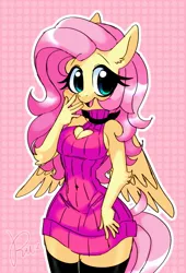 Size: 1185x1742 | Tagged: safe, artist:sillyraerae, derpibooru import, fluttershy, anthro, blushing, boob window, boots, clothes, image, jpeg, shoes, sweater dress, thigh boots