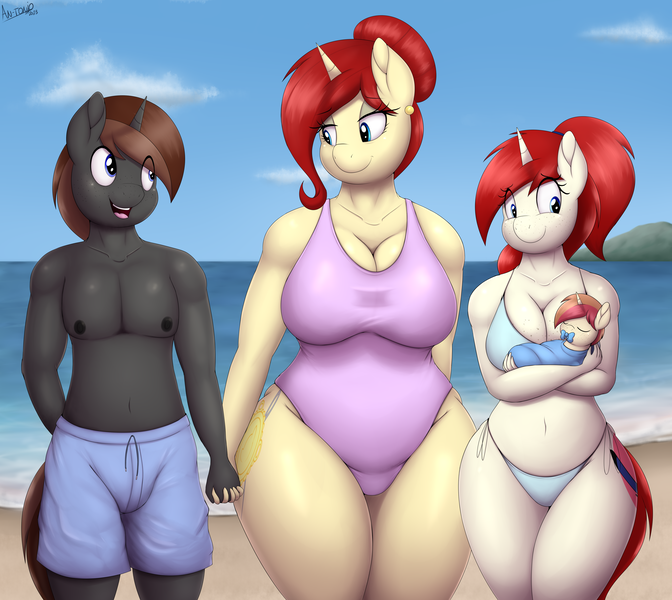 Size: 5000x4465 | Tagged: safe, artist:an-tonio, derpibooru import, oc, oc:golden brooch, oc:silver draw, oc:twisty, anthro, unicorn, baby, beach, big sister, bikini, breasts, busty golden brooch, butt, clothes, father and child, female, goldentwist, half-siblings, holding hands, huge butt, illegitimate, image, large butt, legs together, mother and child, mother and daughter, parent:oc:golden brooch, parent:oc:twisty, pink swimsuit, png, swimsuit