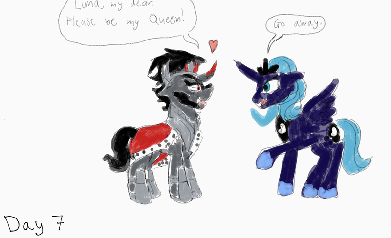 Size: 2048x1249 | Tagged: safe, artist:lili dash, derpibooru import, king sombra, princess luna, pony, female, heart, image, male, mare, newbie artist training grounds, png, speech bubble, stallion